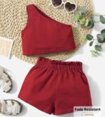 SHEIN Baby Girl One Shoulder Top & Paper Bag Waist Shorts